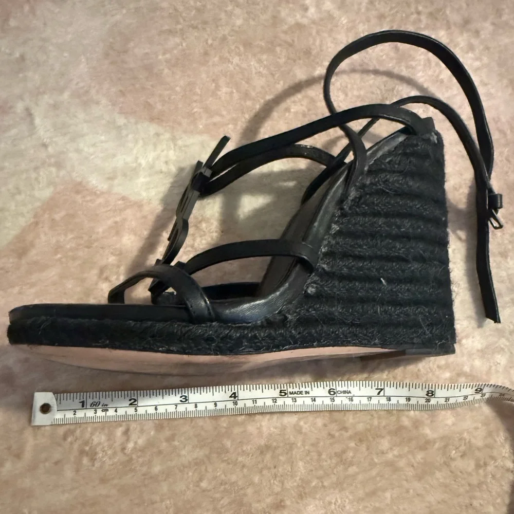 Saint Laurent Black Strappy Wedge Sandals YSL logo - Picture 8 of 10